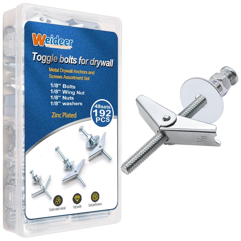 weideer 192Pcs Toggle Bolts 1/8" Heavy Duty Drywall Anchors and Screws Assortment Set Toggle Bolts and Wing Nut Kit with Nuts washers (48sets) - Image 1